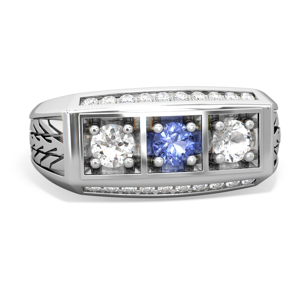 Tanzanite Three Stone Tire Tread Men's 14K White Gold ring R0520