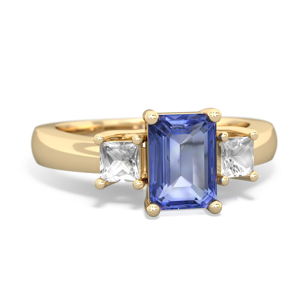 Tanzanite Three Stone Emerald-Cut Trellis 14K Yellow Gold ring R4021