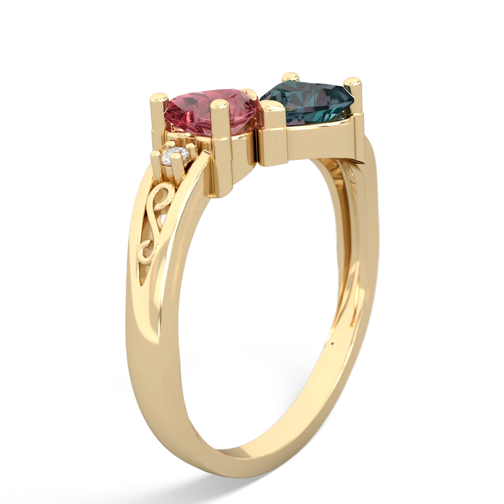 Pink Tourmaline Snuggling Hearts 14K Yellow Gold ring R2178