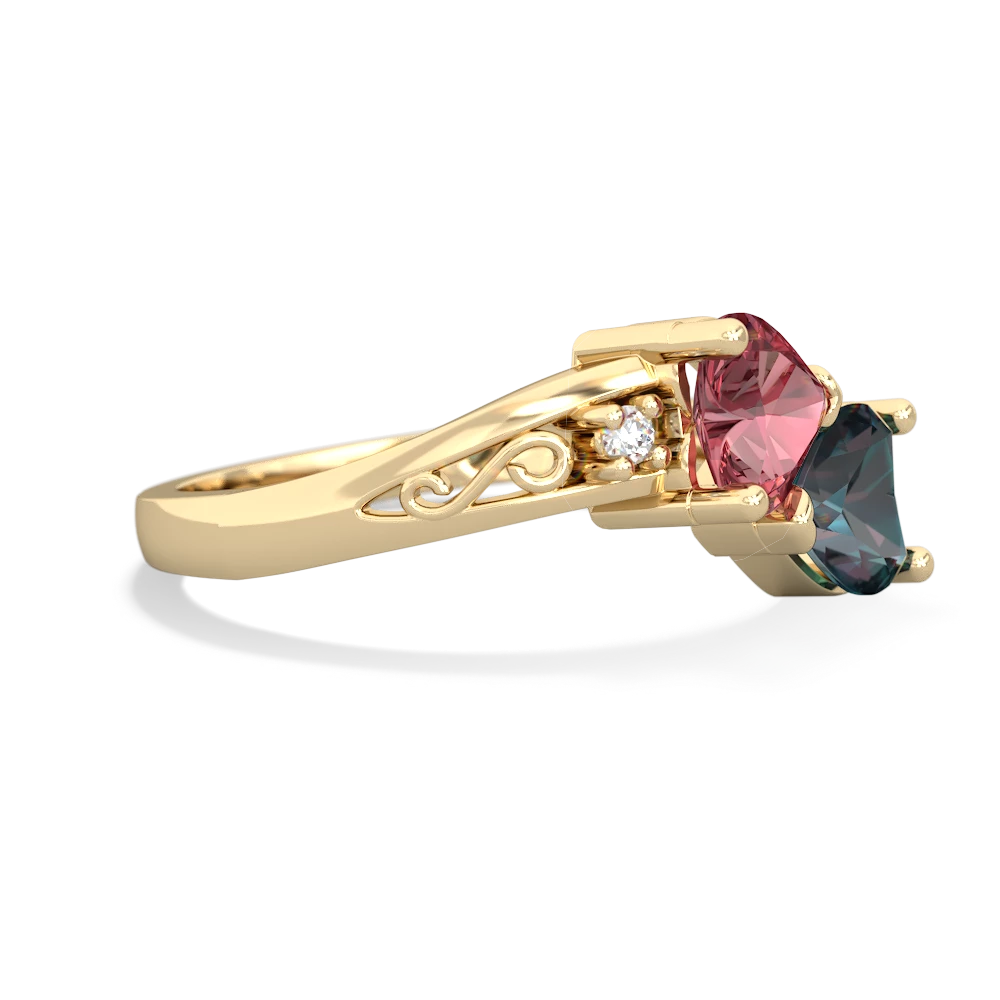 Pink Tourmaline Snuggling Hearts 14K Yellow Gold ring R2178