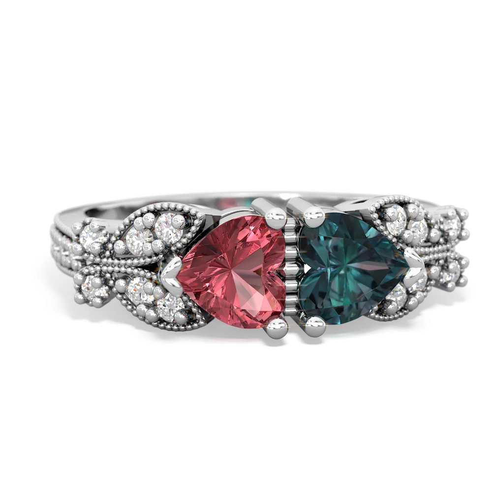 Pink Tourmaline Diamond Butterflies 14K White Gold ring R5601