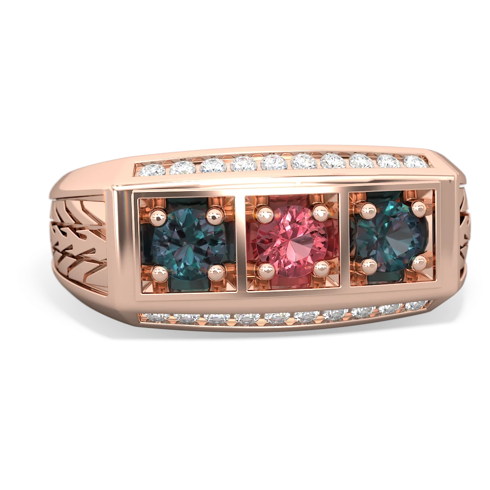 Pink Tourmaline Three Stone Tire Tread Men's 14K Rose Gold ring R0520