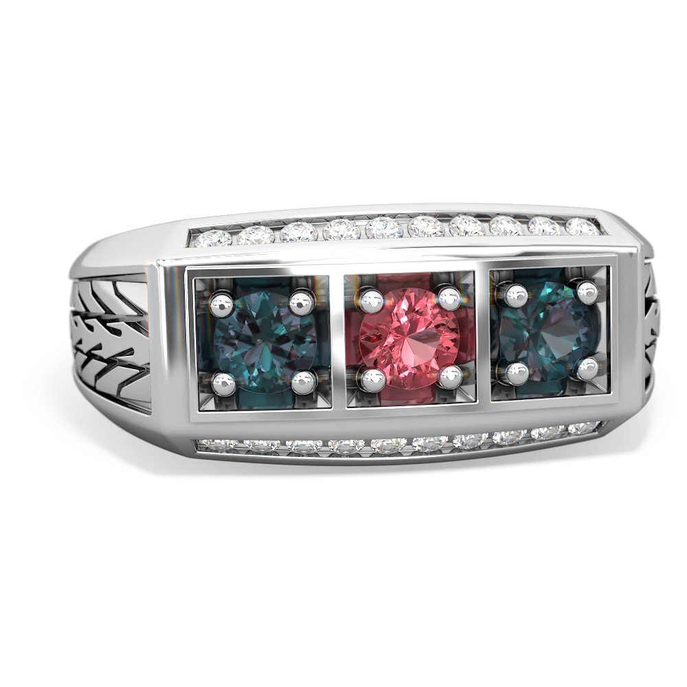 Pink Tourmaline Three Stone Tire Tread Men's 14K White Gold ring R0520