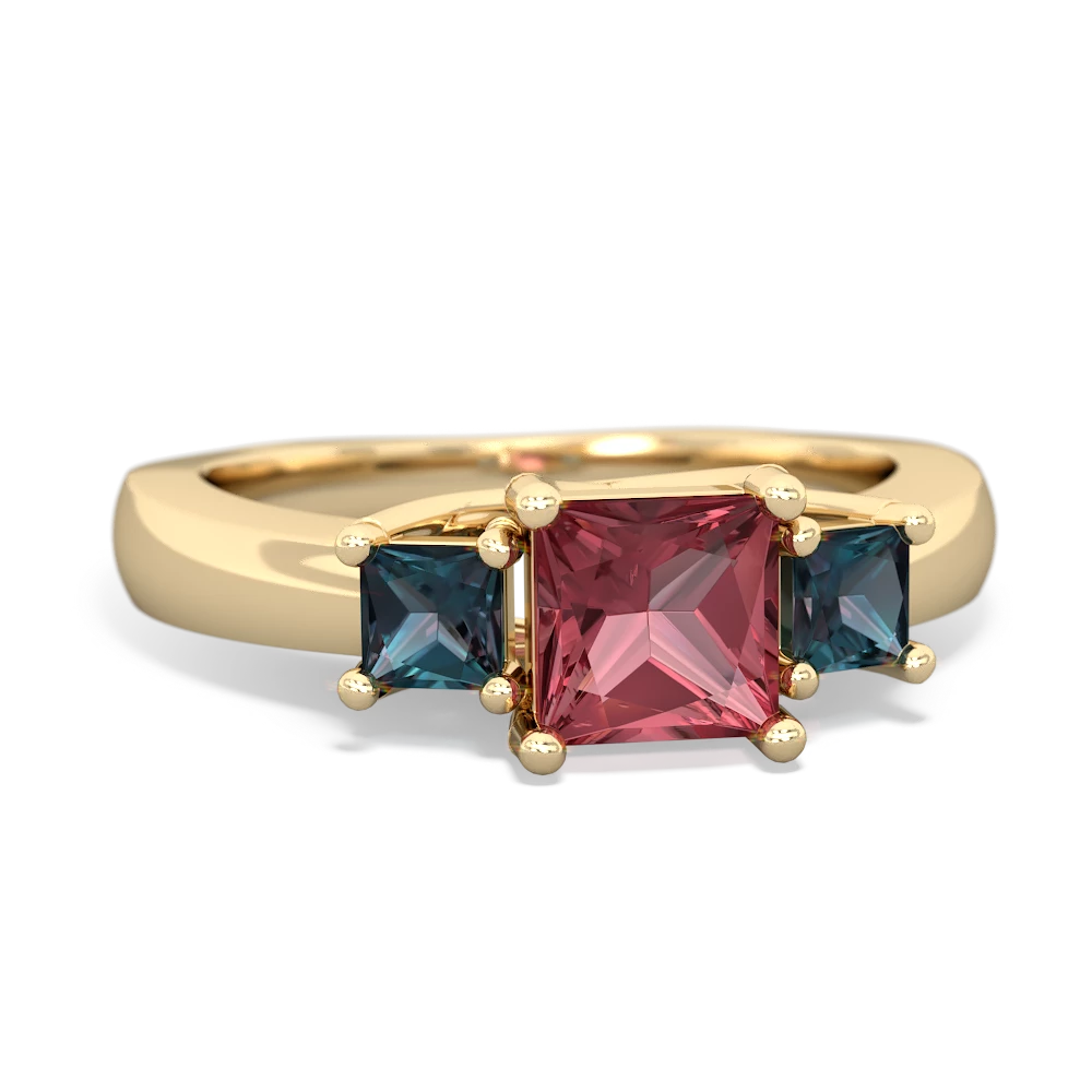 Pink Tourmaline Three Stone Trellis 14K Yellow Gold ring R4015