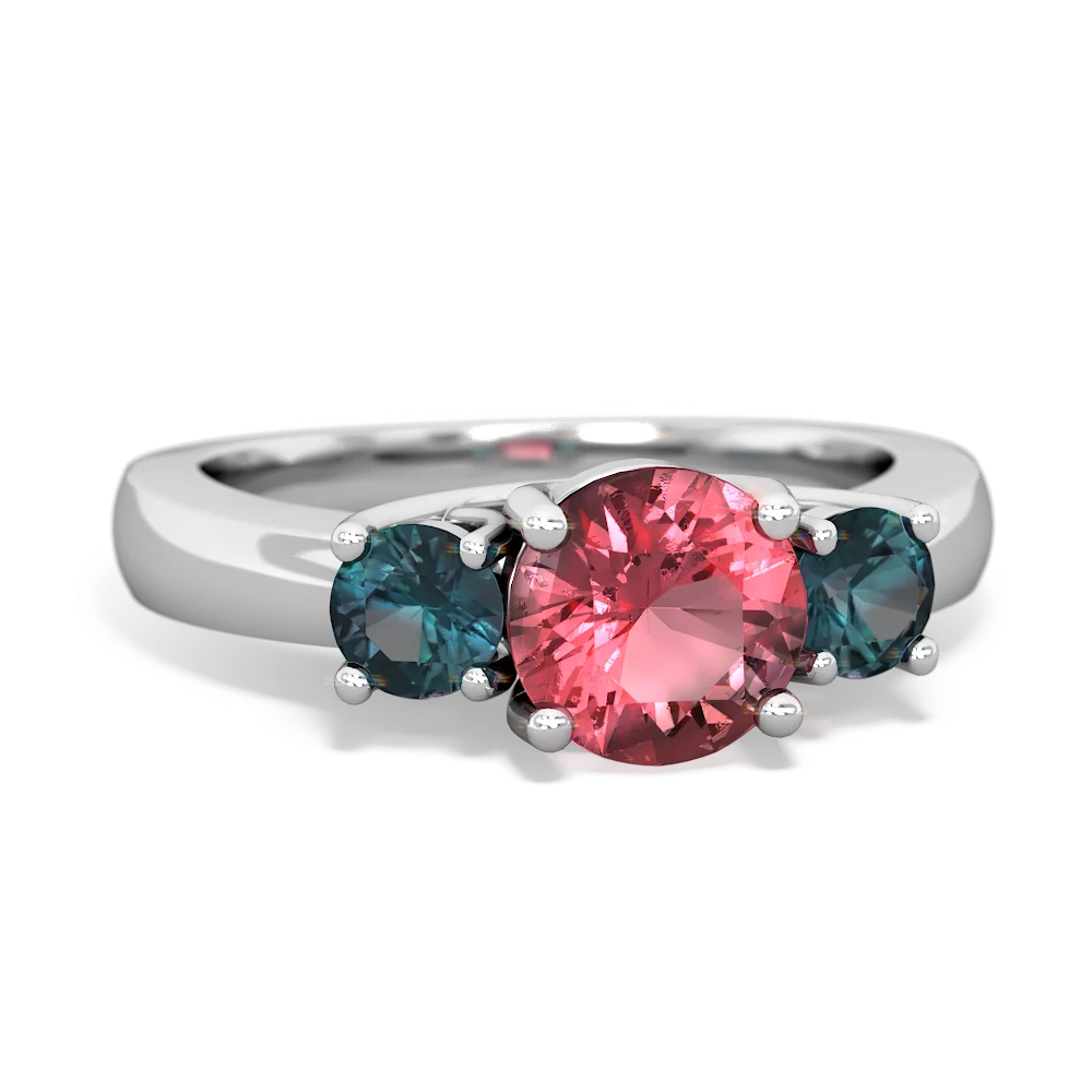 Pink Tourmaline Three Stone Round Trellis 14K White Gold ring R4018