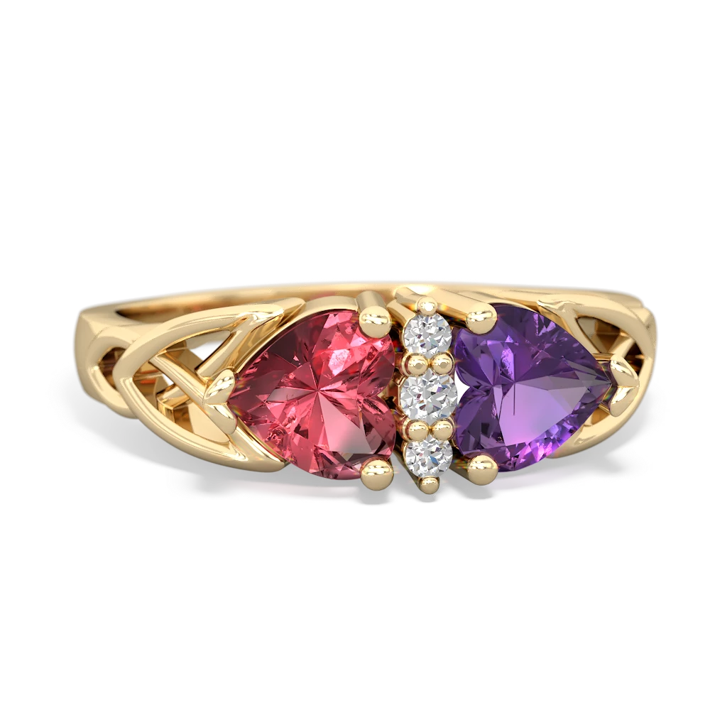 Pink Tourmaline Celtic Knot Double Heart 14K Yellow Gold ring R5040