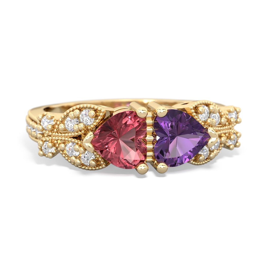 Pink Tourmaline Diamond Butterflies 14K Yellow Gold ring R5601