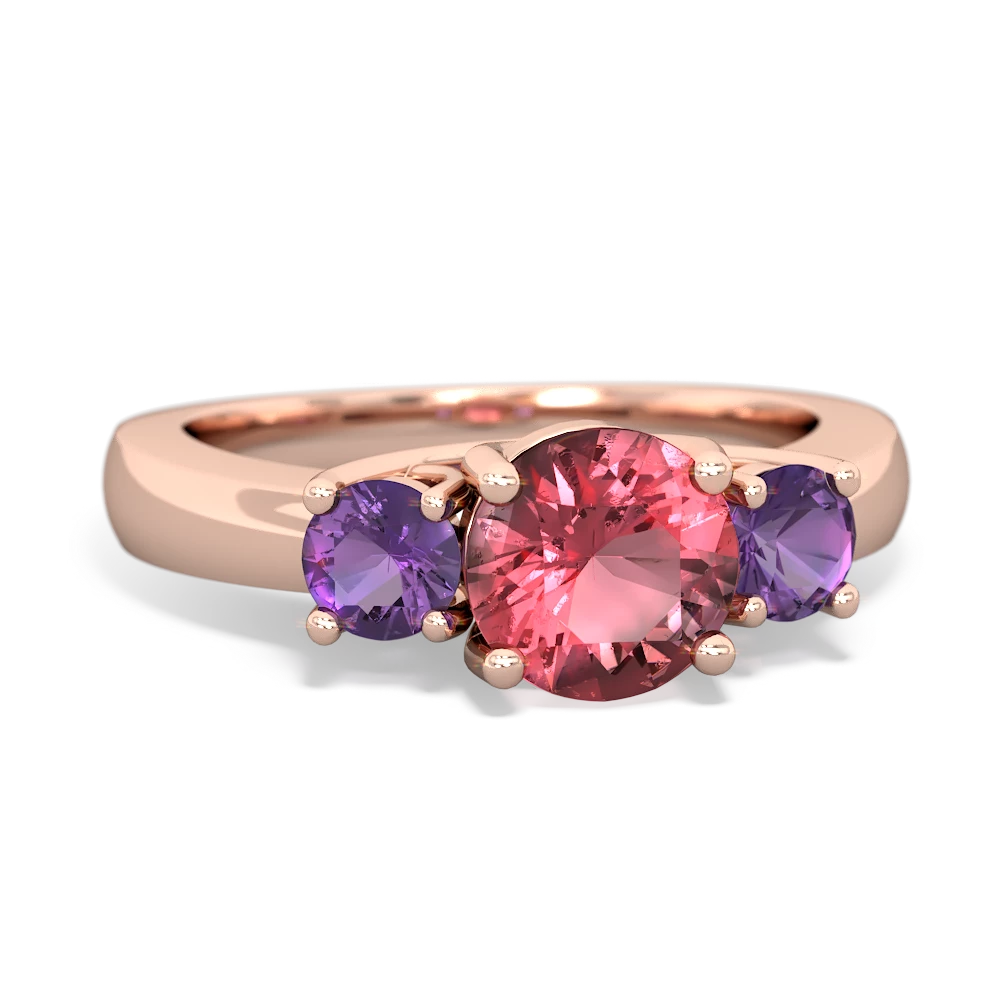 Pink Tourmaline Three Stone Round Trellis 14K Rose Gold ring R4018