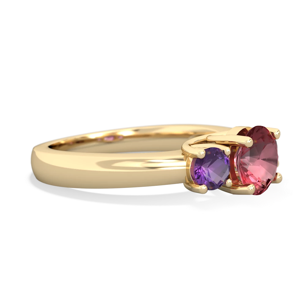 Pink Tourmaline Three Stone Round Trellis 14K Yellow Gold ring R4018