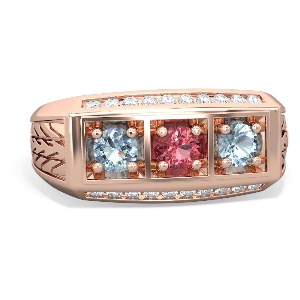 Pink Tourmaline Three Stone Tire Tread Men's 14K Rose Gold ring R0520