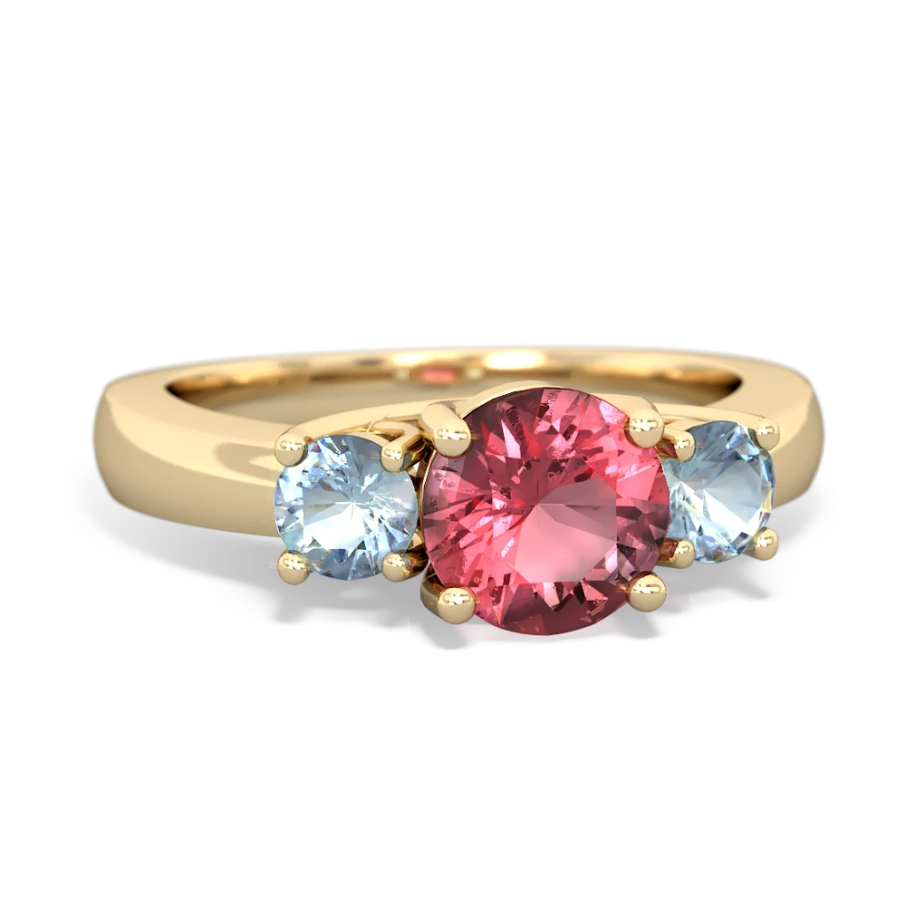 Pink Tourmaline Three Stone Round Trellis 14K Yellow Gold ring R4018