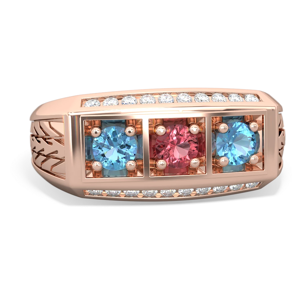 Pink Tourmaline Three Stone Tire Tread Men's 14K Rose Gold ring R0520