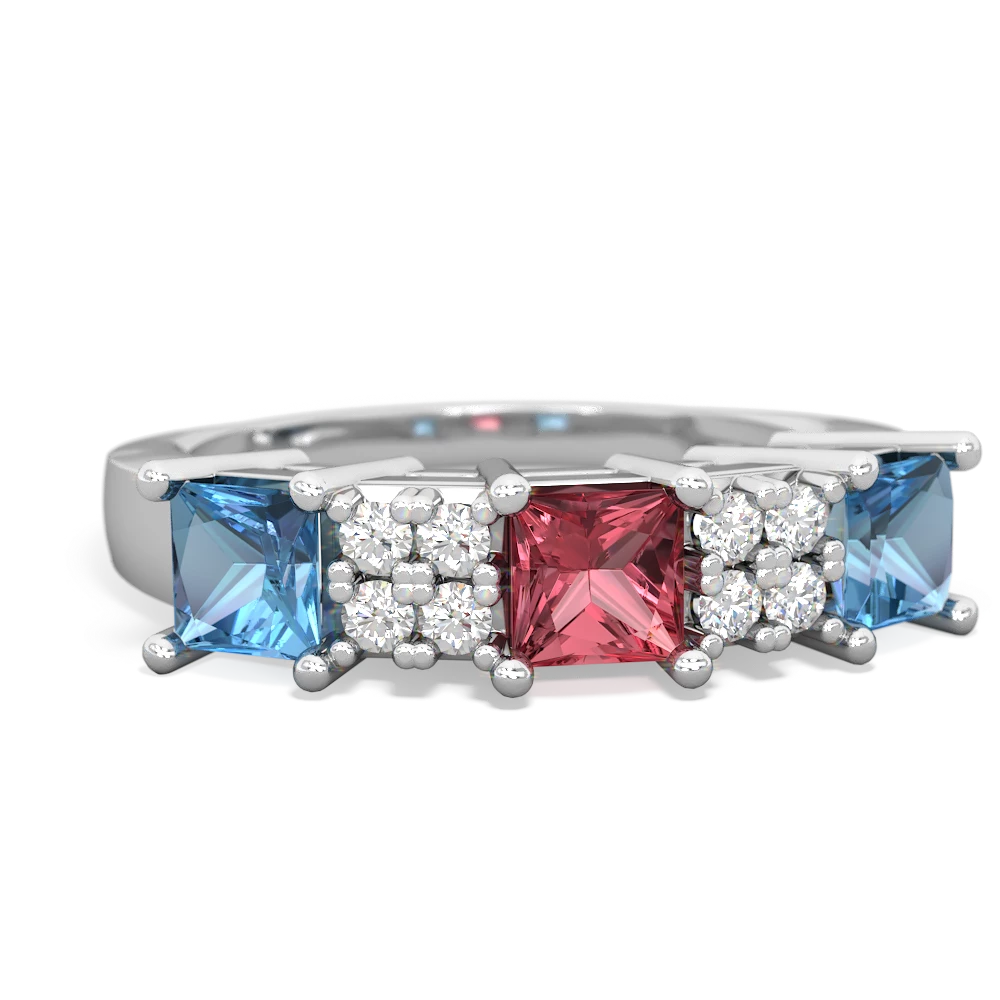 Pink Tourmaline Three Stone Diamond Cluster 14K White Gold ring R2592