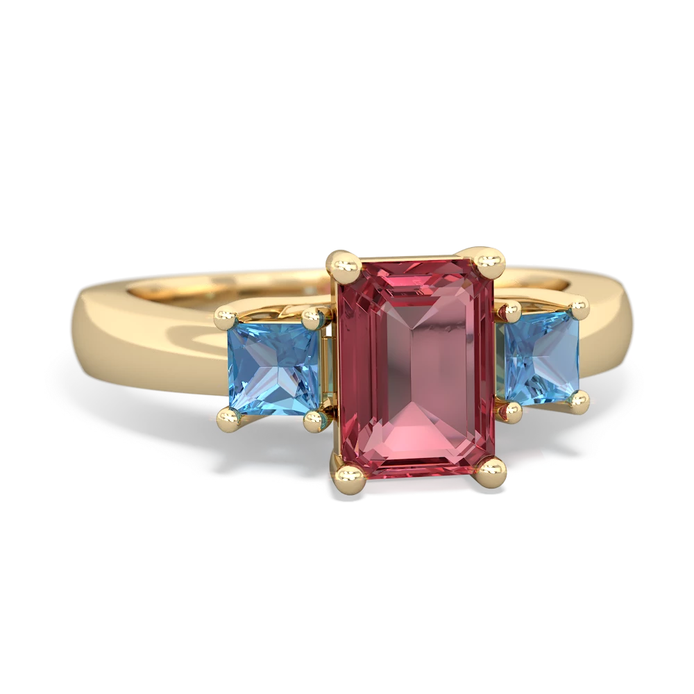 Pink Tourmaline Three Stone Emerald-Cut Trellis 14K Yellow Gold ring R4021