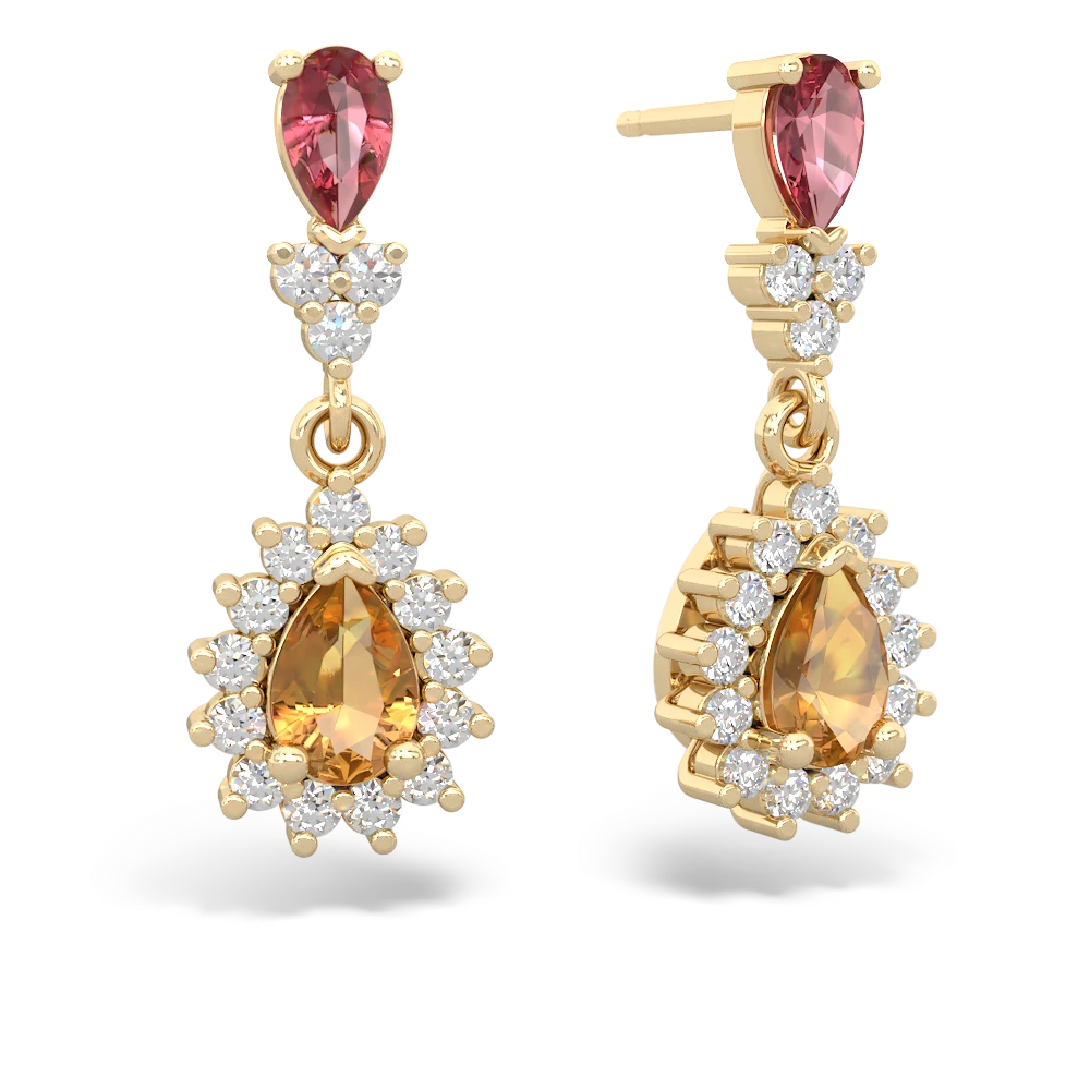 Pink Tourmaline Halo Pear Dangle 14K Yellow Gold earrings E1882