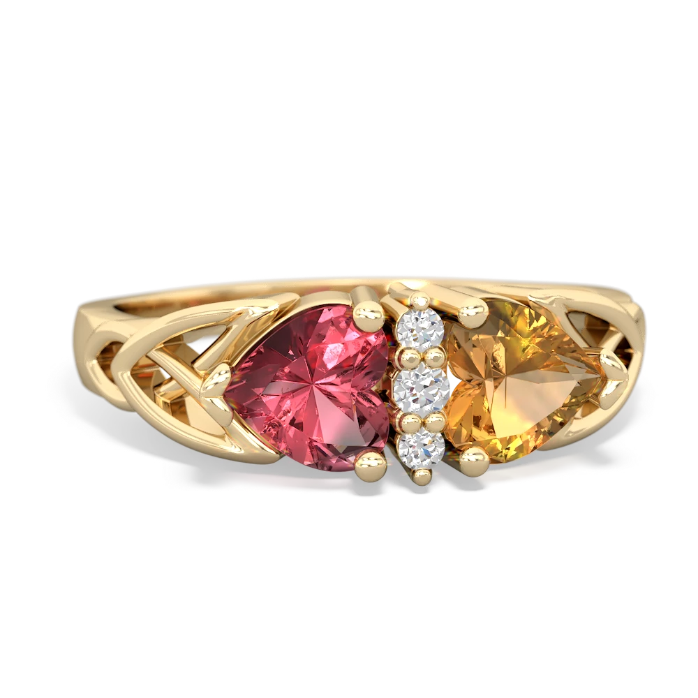 Pink Tourmaline Celtic Knot Double Heart 14K Yellow Gold ring R5040