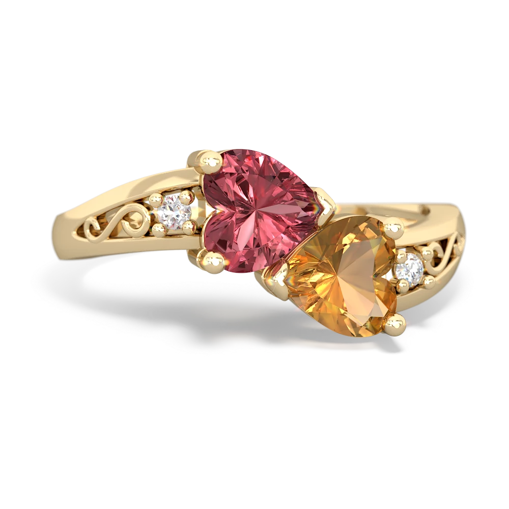 Pink Tourmaline Snuggling Hearts 14K Yellow Gold ring R2178