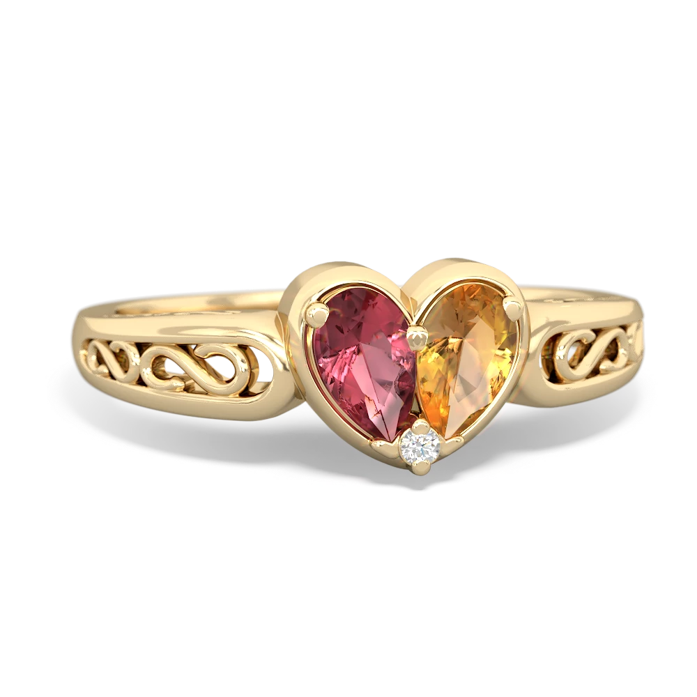 Pink Tourmaline Filligree 'One Heart' 14K Yellow Gold ring R5070