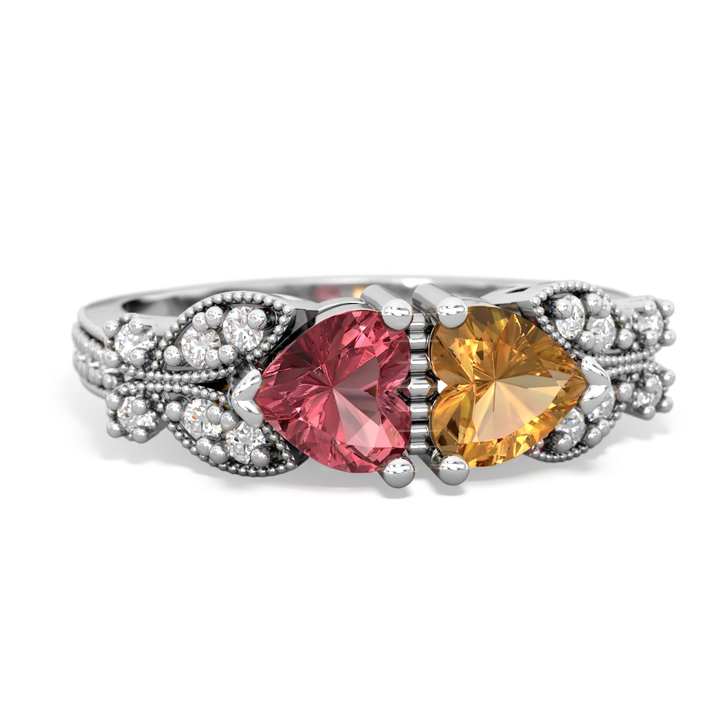 Pink Tourmaline Diamond Butterflies 14K White Gold ring R5601