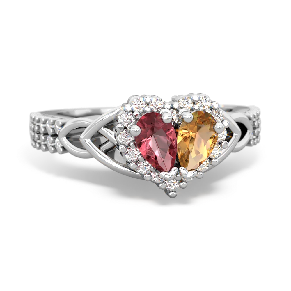 Pink Tourmaline Celtic Knot Two Hearts As One 14K White Gold ring R2644HRT