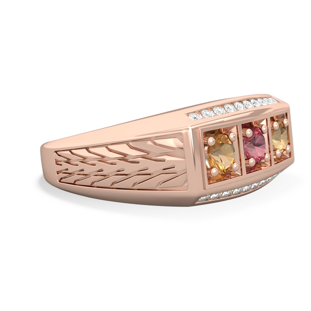 Pink Tourmaline Three Stone Tire Tread Men's 14K Rose Gold ring R0520