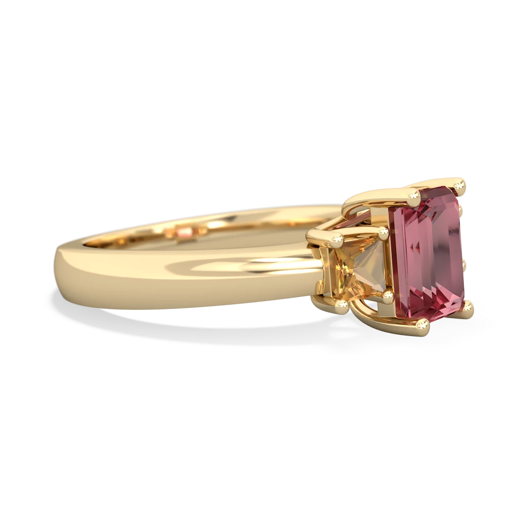 Pink Tourmaline Three Stone Emerald-Cut Trellis 14K Yellow Gold ring R4021