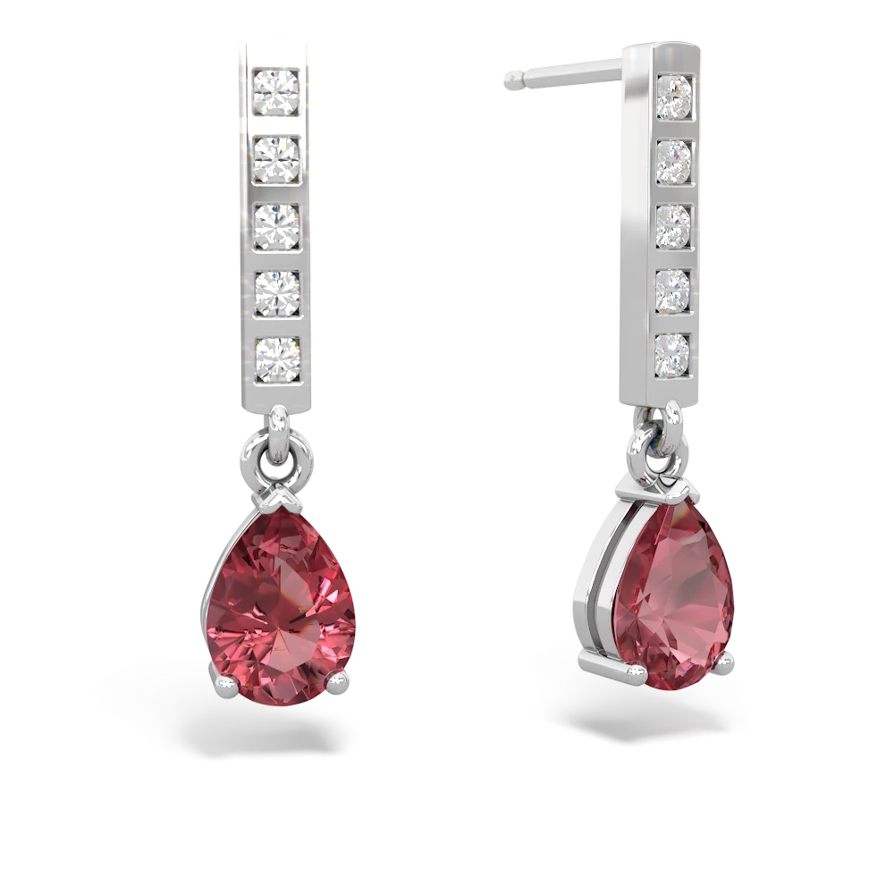 Pink Tourmaline Art Deco Diamond Drop 14K White Gold earrings E5324