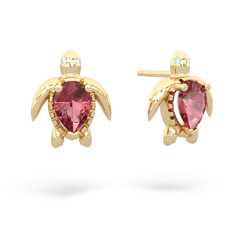 Pink Tourmaline Baby Sea Turtle 14K Yellow Gold earrings E5241