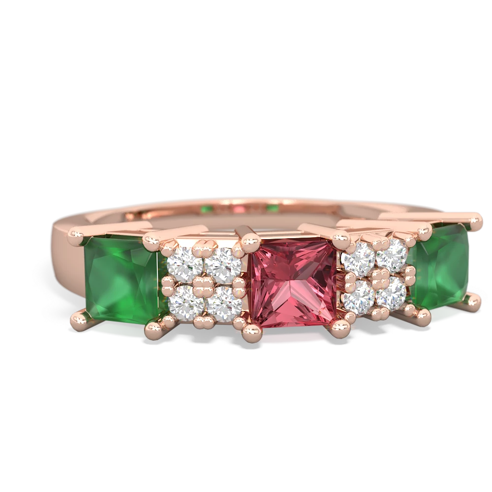 Pink Tourmaline Three Stone Diamond Cluster 14K Rose Gold ring R2592