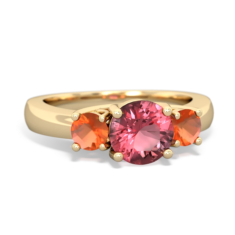 Pink Tourmaline Three Stone Round Trellis 14K Yellow Gold ring R4018