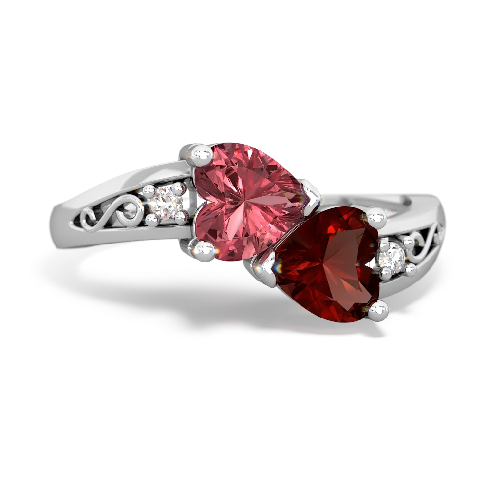 Pink Tourmaline Snuggling Hearts 14K White Gold ring R2178