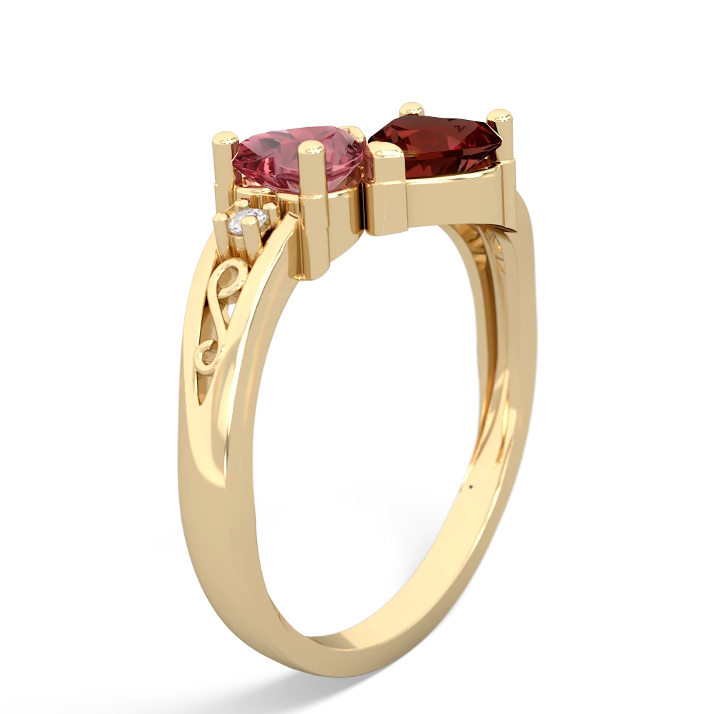 Pink Tourmaline Snuggling Hearts 14K Yellow Gold ring R2178