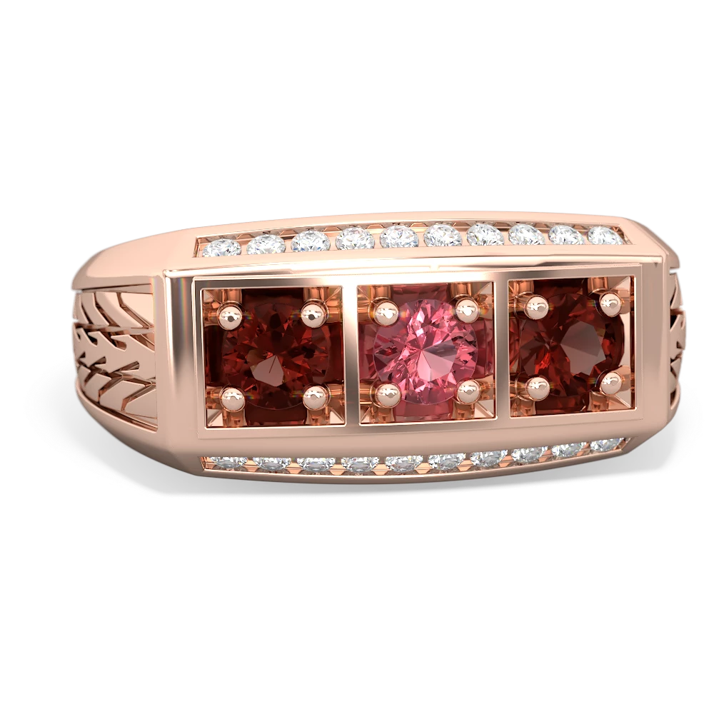 Pink Tourmaline Three Stone Tire Tread Men's 14K Rose Gold ring R0520