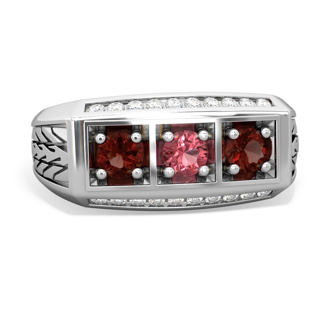 Pink Tourmaline Three Stone Tire Tread Men's 14K White Gold ring R0520