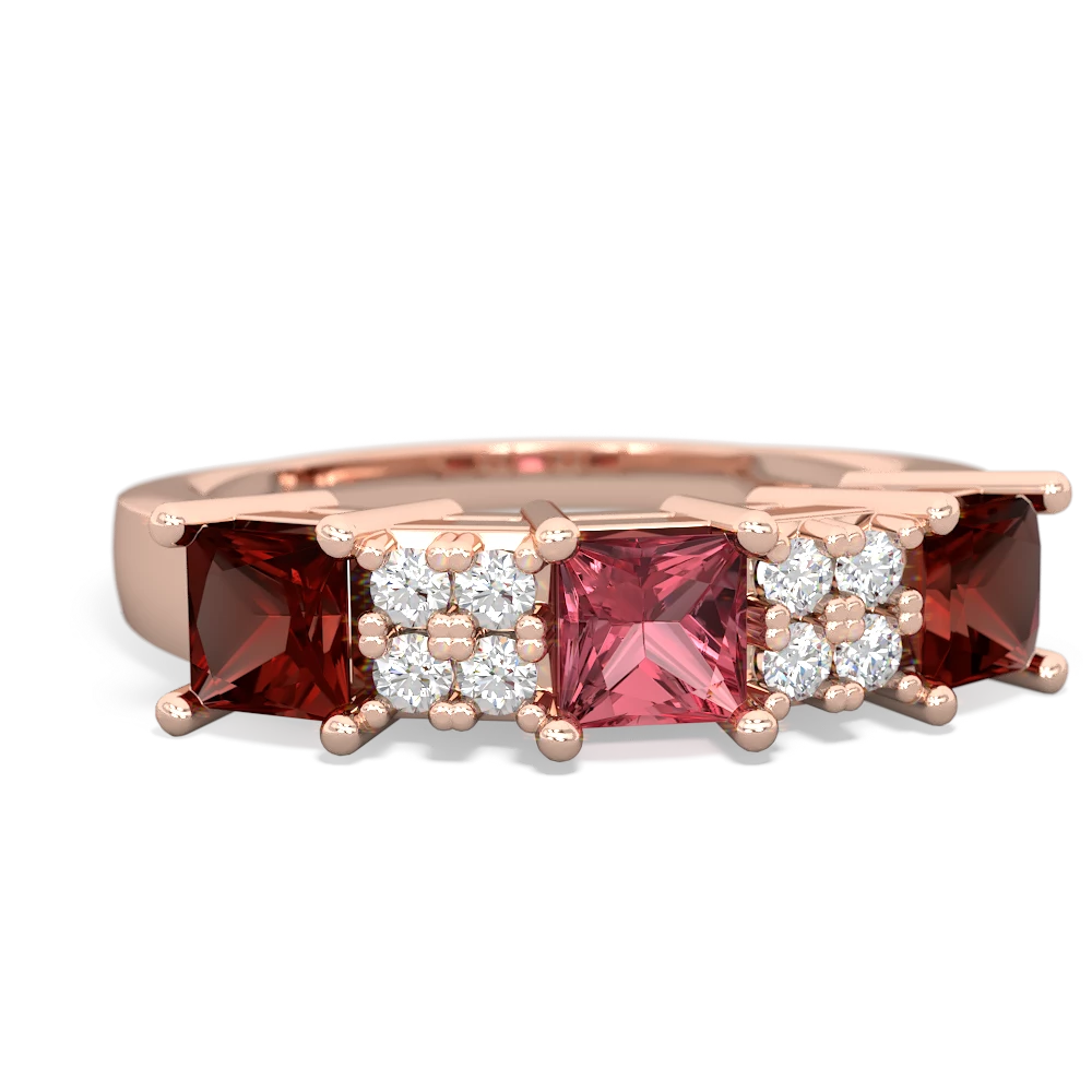 Pink Tourmaline Three Stone Diamond Cluster 14K Rose Gold ring R2592