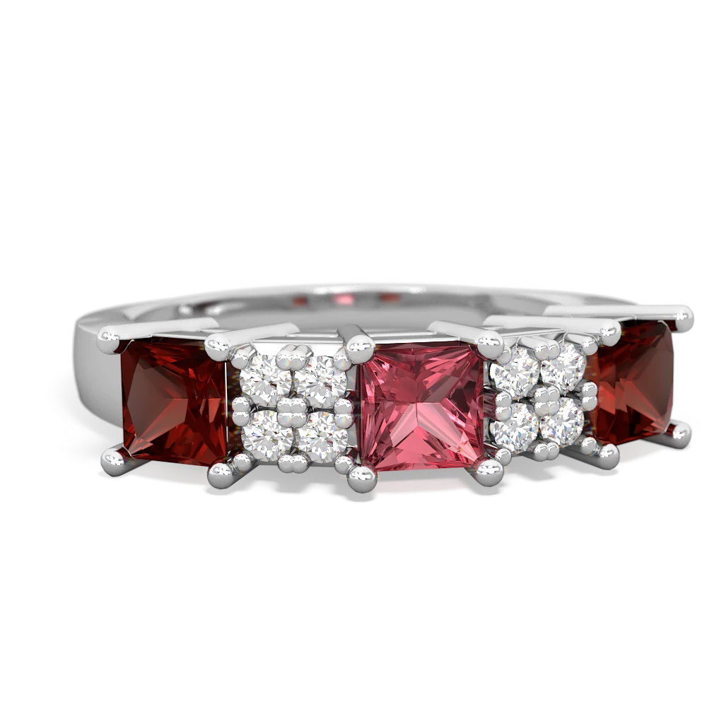 Pink Tourmaline Three Stone Diamond Cluster 14K White Gold ring R2592