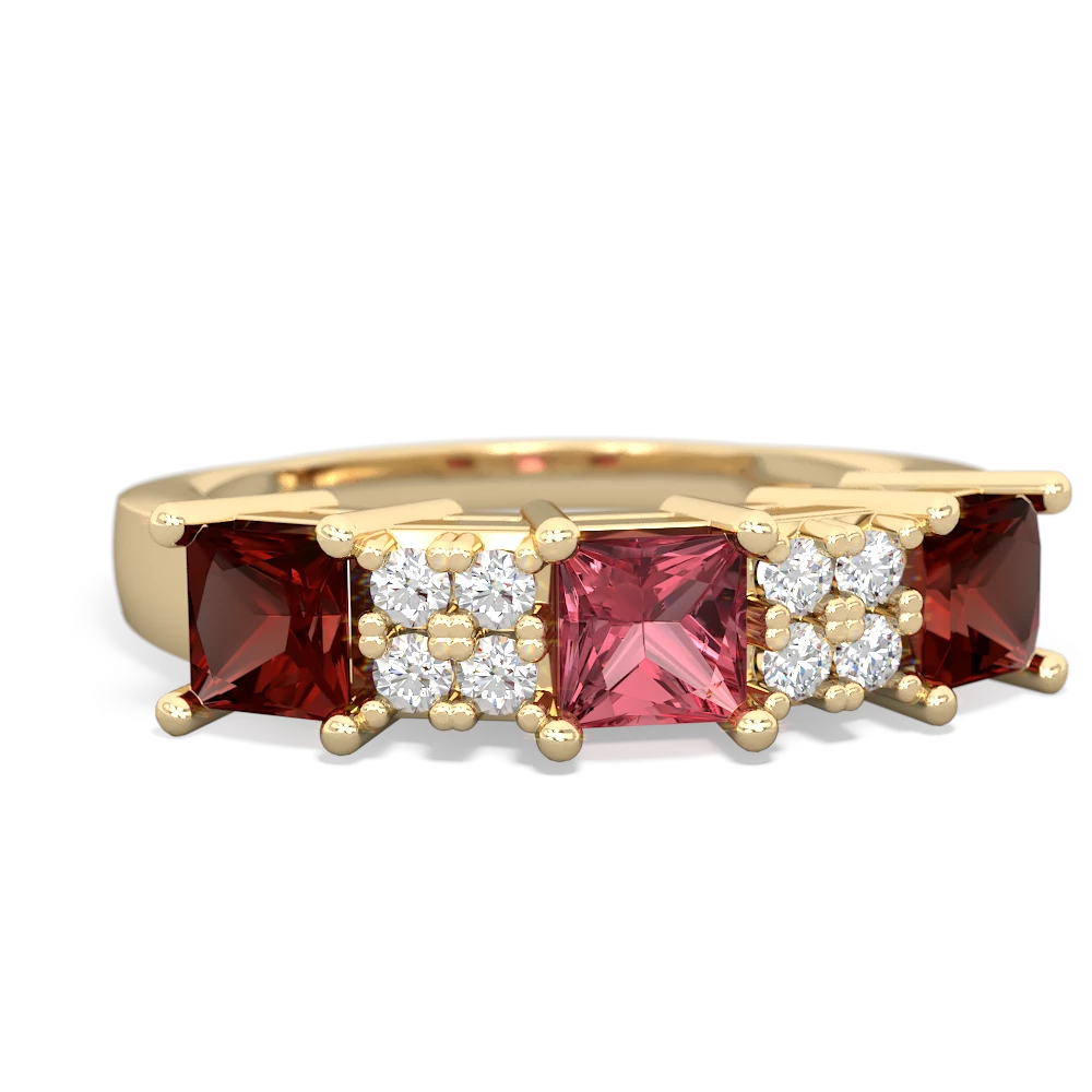 Pink Tourmaline Three Stone Diamond Cluster 14K Yellow Gold ring R2592