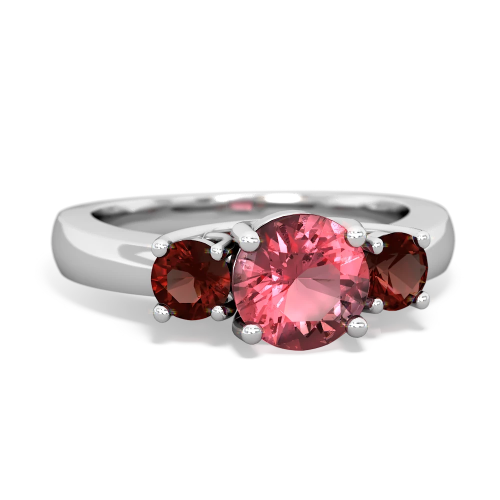 Pink Tourmaline Three Stone Round Trellis 14K White Gold ring R4018