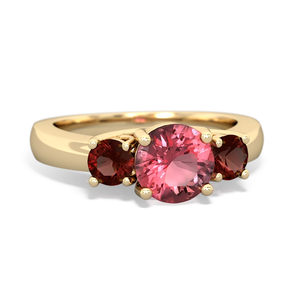 Pink Tourmaline Three Stone Round Trellis 14K Yellow Gold ring R4018