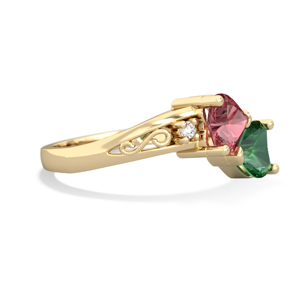 Pink Tourmaline Snuggling Hearts 14K Yellow Gold ring R2178