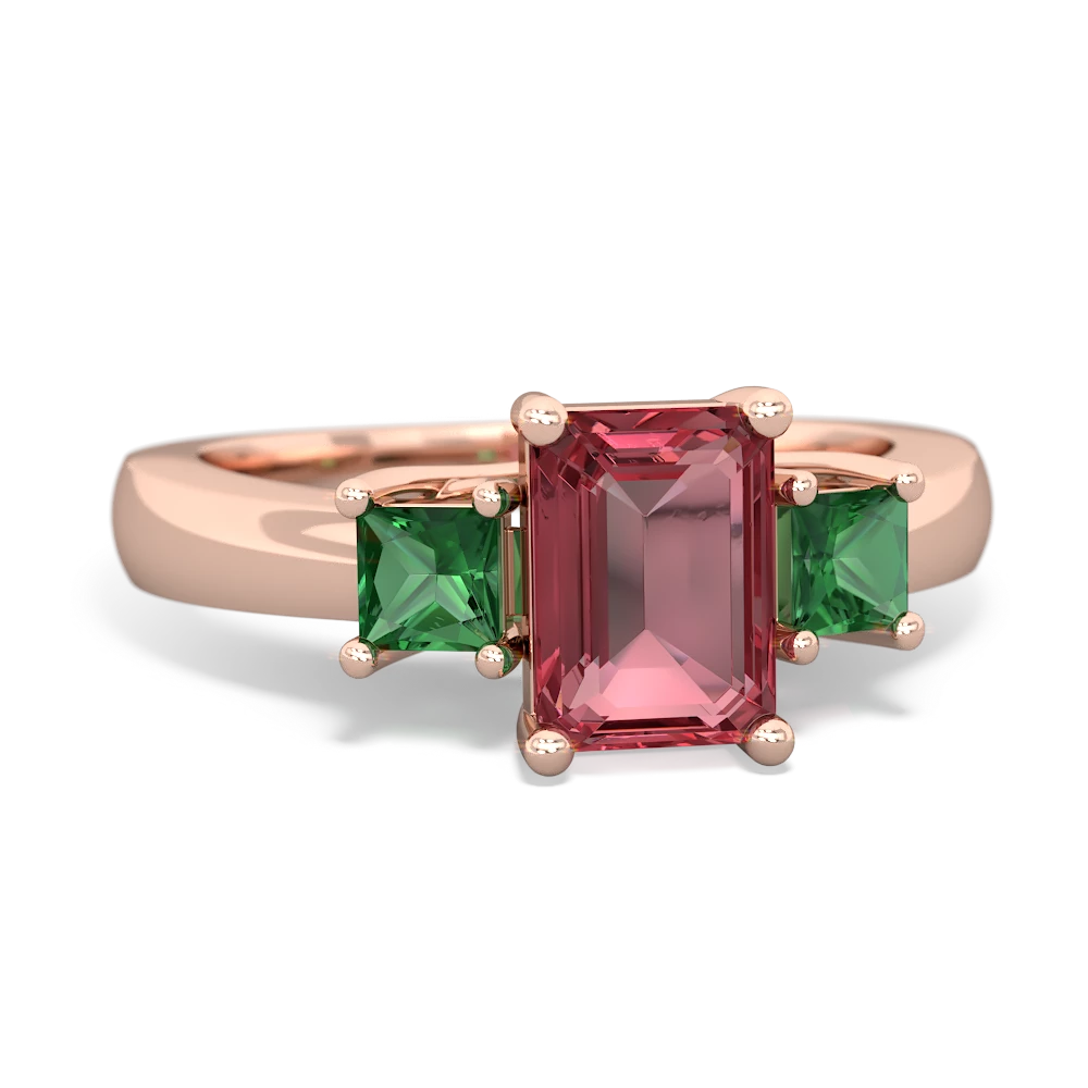 Pink Tourmaline Three Stone Emerald-Cut Trellis 14K Rose Gold ring R4021