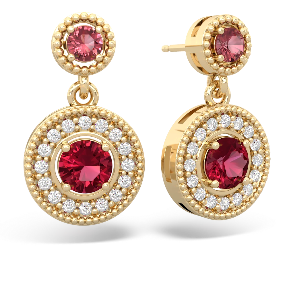 Pink Tourmaline Halo Dangle 14K Yellow Gold earrings E5319