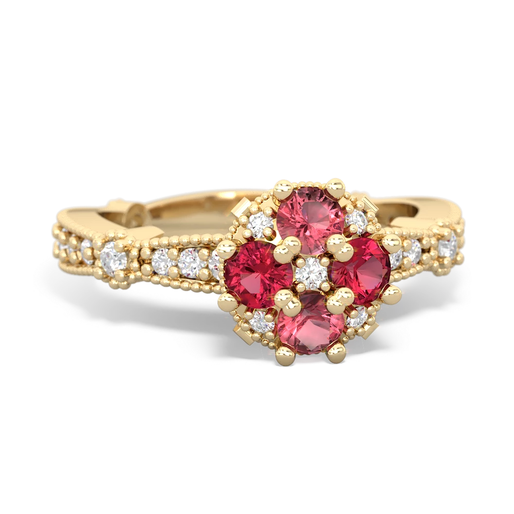 Pink Tourmaline Sparkling Tiara Cluster 14K Yellow Gold ring R26293RD