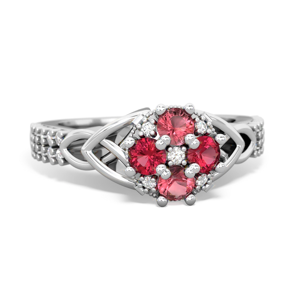 Pink Tourmaline Celtic Knot Cluster Engagement 14K White Gold ring R26443RD