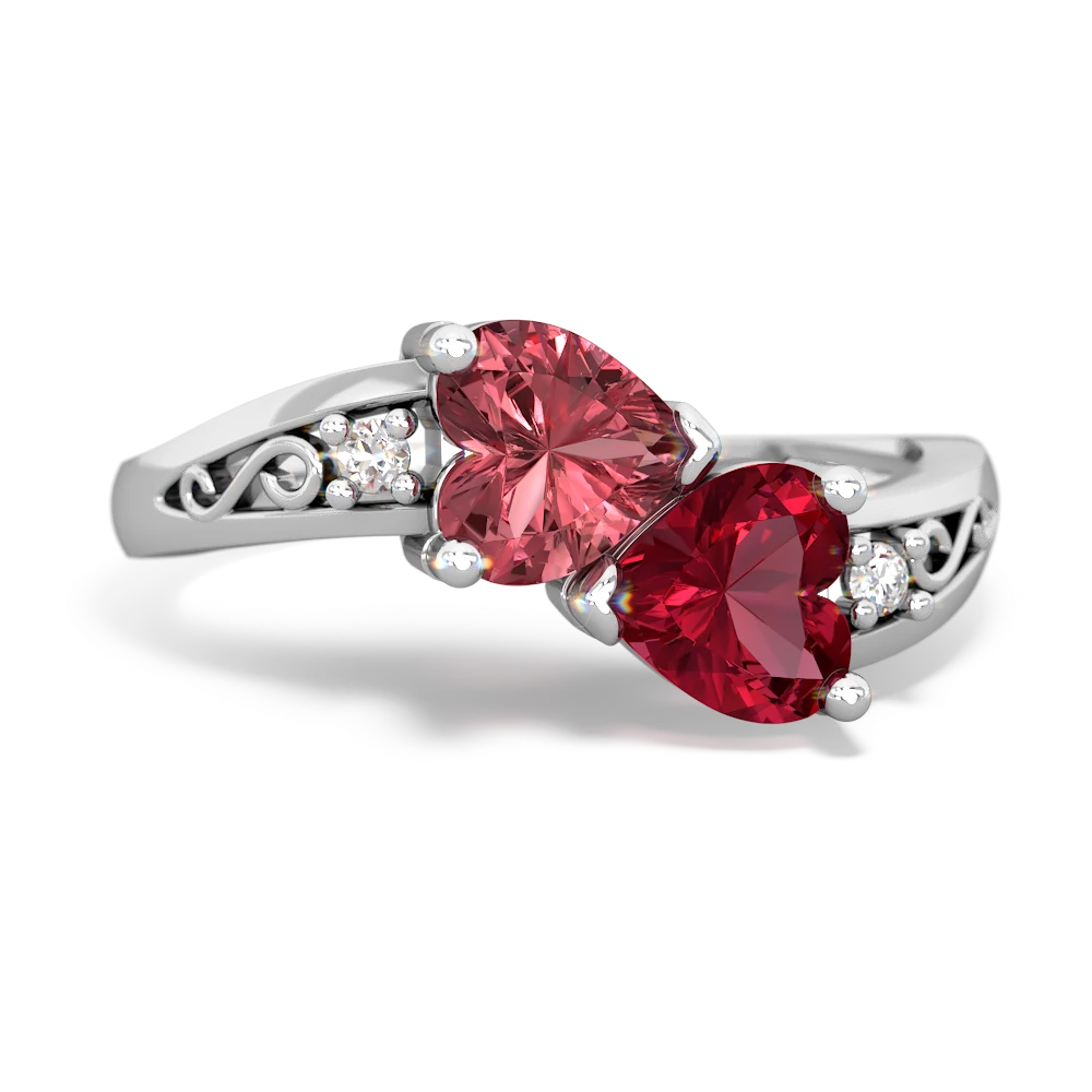 Pink Tourmaline Snuggling Hearts 14K White Gold ring R2178