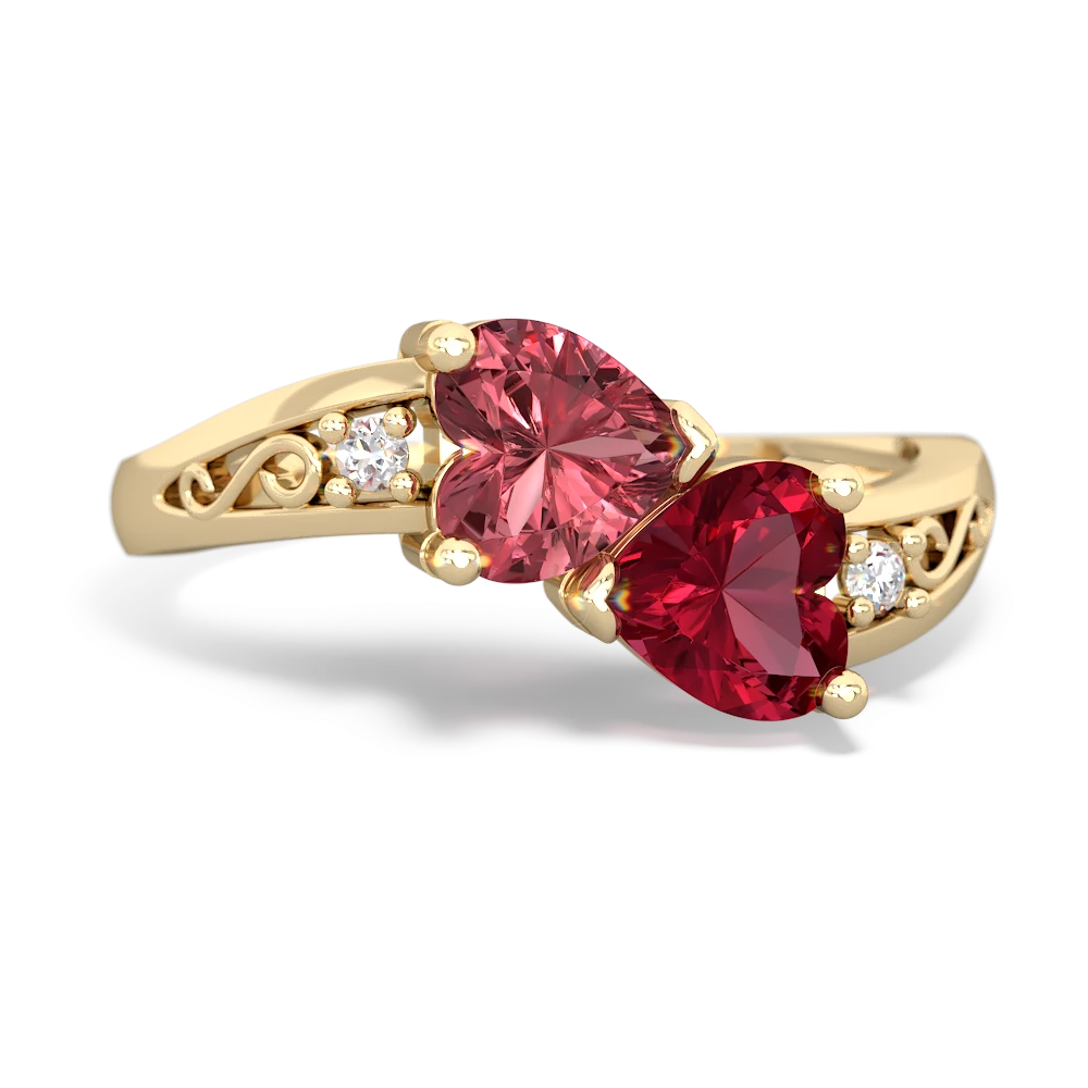 Pink Tourmaline Snuggling Hearts 14K Yellow Gold ring R2178