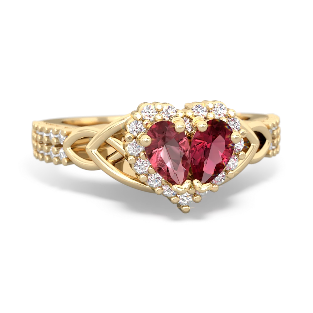 Pink Tourmaline Celtic Knot Two Hearts As One 14K Yellow Gold ring R2644HRT