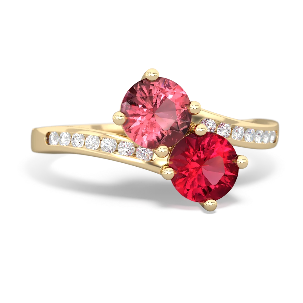 Pink Tourmaline Channel Set Two Stone 14K Yellow Gold ring R5303