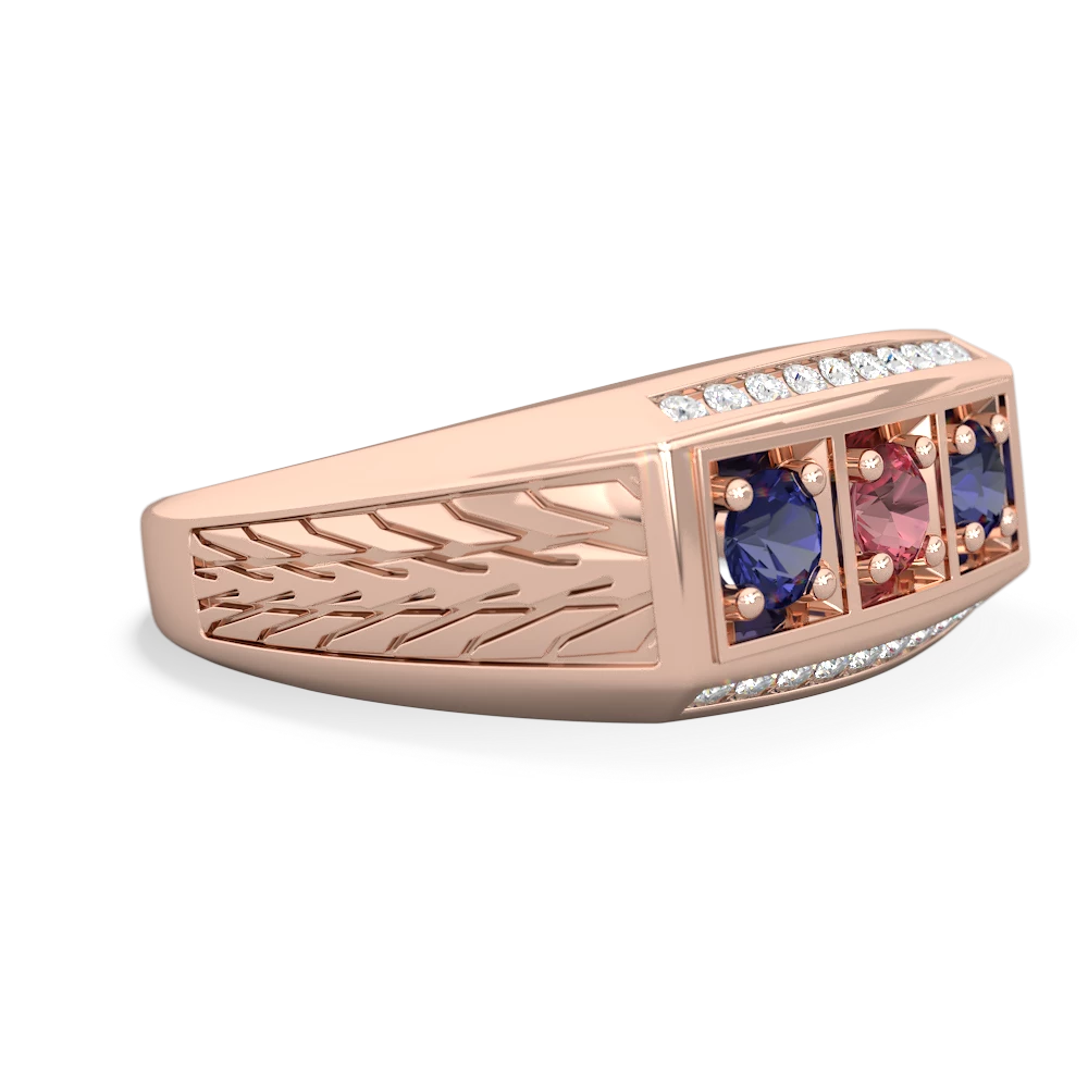 Pink Tourmaline Three Stone Tire Tread Men's 14K Rose Gold ring R0520