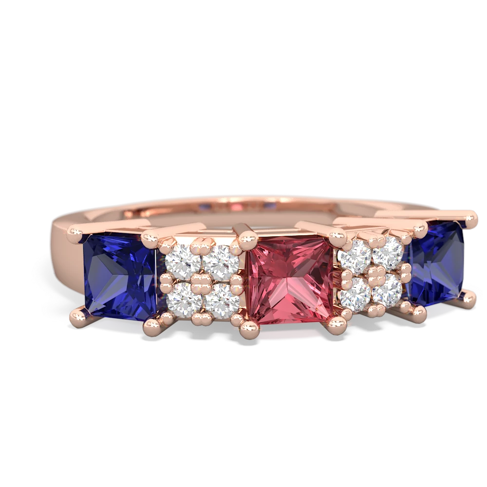 Pink Tourmaline Three Stone Diamond Cluster 14K Rose Gold ring R2592